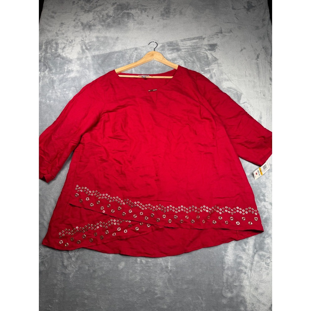 JM Collection Blouse Womens 3X Red Linen Embellished Tulip Hem Top 11881NR472